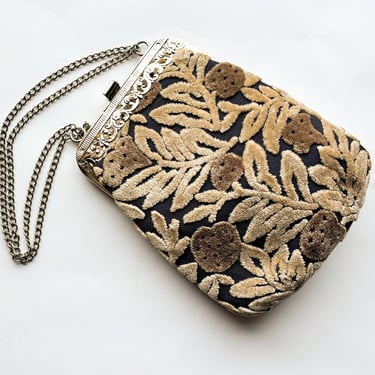 1960s Beige Floral Chenille Purse  | 60s Floral Print Upholstery Handbag | Twiggy 