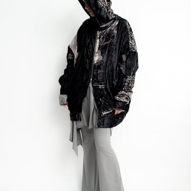 Hooded Zip Up Printed Velvet Jacket in GREY, EMERALD, AUBERGINE, or ORANGE