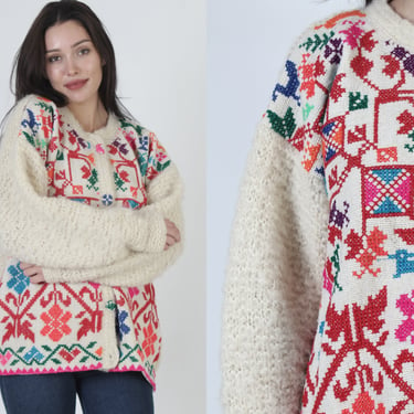Ethnic Fuzzy Mohair Cardigan Sweater, Embroidered Guatemalan Syle Designs, Vintage Chubby Oversized Button Up Jumper 