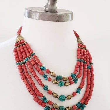 Vintage Coral & Turquoise Bead Necklace Multistrand Orange Red Beaded Ethnic Tribal Traditional / Pandora 