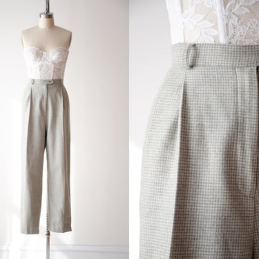 high waisted pants | 90s vintage Ralph Lauren light gray cream houndstooth plaid wool dark academia pleated straight leg trousers 