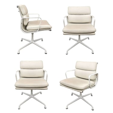 White Eames EA208 Leather Soft Pad Chair by Herman Miller, Set of 4 