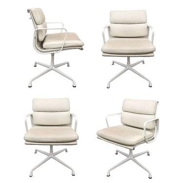 White Eames EA208 Leather Soft Pad Chair by Herman Miller, Set of 4 