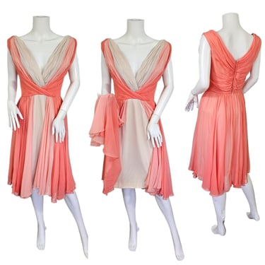 1950's Lilli Diamond Peach Sherbet Ombre Silk Chiffon Dress I Sz Med I Pin Up I Rockabilly I VLV 