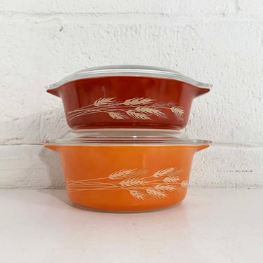 Vintage Pyrex Autumn Harvest Casserole Dishes Set of 2 #471 B #472 B Pyrex Wheat Pattern Rust Orange Pair Kitchen 1970s 