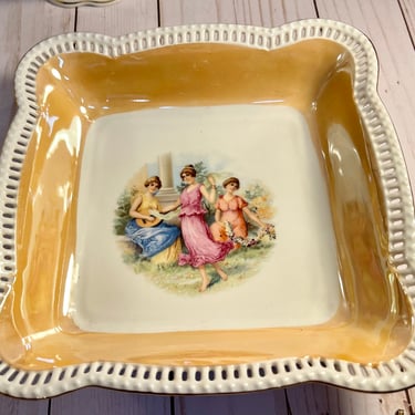 Antique Peach Lusterware Square Serving Dish Pierced Scalloped Rim Bowl Bavaria Schumann Germany RARE Collectible Wedding Gift Home Decor 