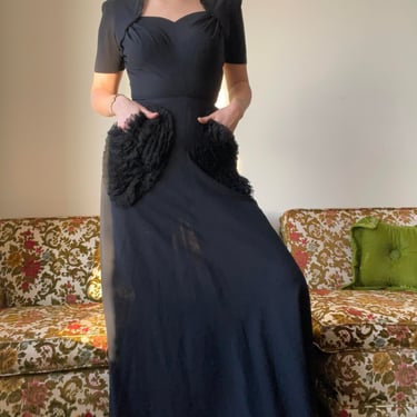 1940s Black Rayon Gown with Piqued Shoulders, Sweetheart Neck, Ruffle Heart Pockets and A-Line Skirt size Small Medium 