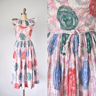 Lil Alice 50s cotton dress, 1950s summer dress, novelty print pinup sundress, midi dress, 1940s dress, ruffle collar 