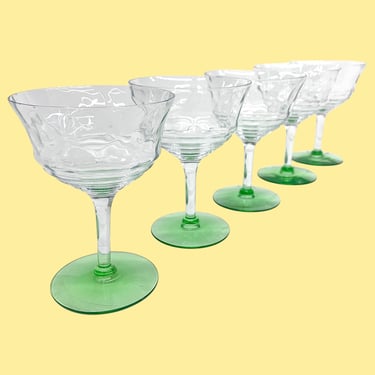 Vintage Champagne Glasses Retro 1930s Art Deco + Clear Ribbed Glass + Green Base + Set of 5 Coupe Style + Drinking Alcohol + Green Stemware 