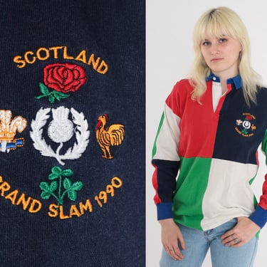 1990 Scotland Grand Slam Shirt 90s Rugby Shirt Scottish Long Sleeve Collared Polo Blue Green White Red Color Block Vintage 1990s Medium M 
