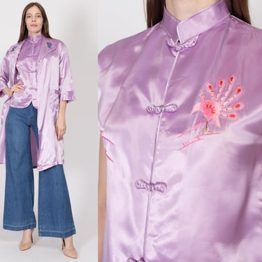 Small 80s Lilac Purple Satin Robe & Top | Vintage Embroidered Chinese Matching Loungewear Set 