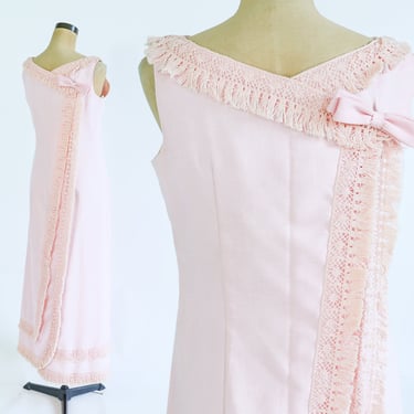 1960s Pink Fringe Column Dress | 60s Pale Pink Maxi Dress | Emma Domb | Medium 