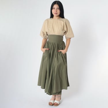 Vintage 80s Utility Dress Keyhole Back Olive Green Khaki Cotton Dolman Sleeve Cinched Waist Full Skirt Pockets Midi Workwear 1980s Size 0 XS 