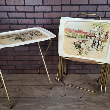 Set of 4 Cal Dak White Fiberglass City River TV Trays with Storage Rack 