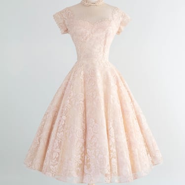 Exquisite 1950's Demi Couture Blush Shell Pink Chantilly Lace Party Dress / SM