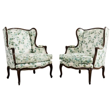 Pair of Country French Provincial Walnut Botanical Wingback Chairs