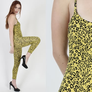 Stretchy Full Body Unitard Sexy Bodycon Catsuit, Vintage 80s Cheetah Animal Print Jumpsuit, 1980's One Piece Leotard 