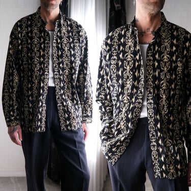 Vintage 80s NEW MAN Black & Taupe Aztec Print Micro Corduroy Shirt w/ Onyx Pewter Framed Buttons | 1980s Designer Long Sleeve Mens Shirt 