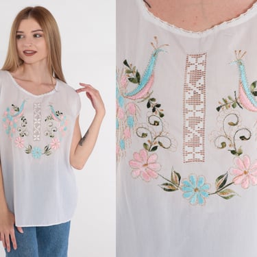 White Embroidered Blouse 90s Semi-Sheer White Blouse Bali Cutwork Shirt Glittery Bird Floral Cutout Boho Cap Sleeve Vintage 1990s Small S 