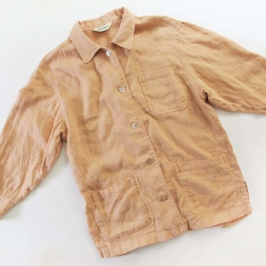 Vintage 90s Linen Chore Coat Peach Beige L - 1990s Eddie Bauer Minimalist Neutral Earthy Natural Fiber Slouchy Jacket 