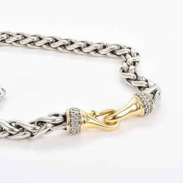 Vintage David Yurman Sterling Silver 18K Yellow Gold Diamond Wheat Chain Necklace, Sterling Silver Chain with 18K Gold Lobster Clasp, 18 in 