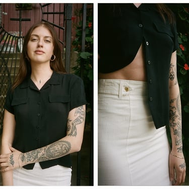 Vintage 1990s 90s Jones New York Black Silk Button Up Cropped Boxy Short Sleeve Blouse 