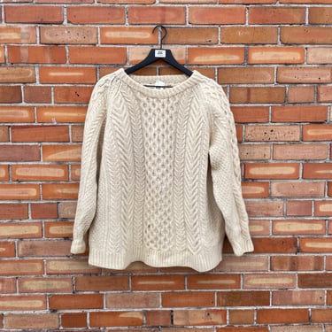 vintage off white cream wool cable knit fishermans sweater / l large 