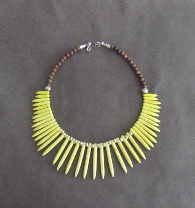 Yellow bib necklace, statement necklace, bold African Afrocentric necklace, exotic necklace, tribal ethnic necklace, primitive silver 