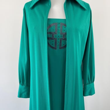 1970s Long Green Polyester Dress and Jacket 