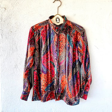 Vintage 70s 80s Paisley Red Shirt with Metallic Gold and Red 