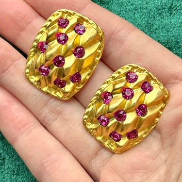 90s Designer Quilted Gold Pink Crystal Clip On Earrings