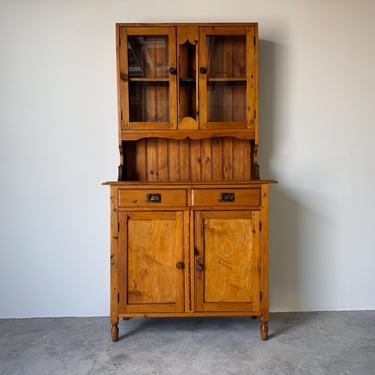 Antique Primitive Farmhouse-Style Pine Kitchen Hutch Cabinet 