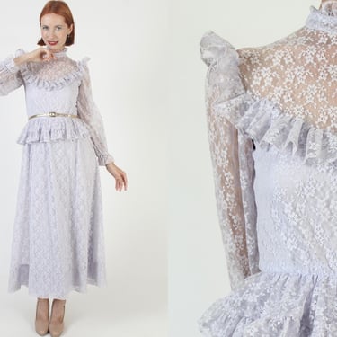 70s Violet Lace Bridal Dress / Purple Sheer Wedding Gown / Peplum Floral Bridesmaids Outfit / High Collar Lace Victorian Maxi 