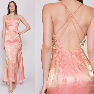 Petite Small Y2K Iridescent Pink Beaded Low Back Evening Gown | Vintage Mermaid High Low Hem Formal Maxi Dress 