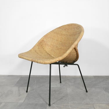 Vintage Danish Wicker Basket Lounge Chair Woven Organic Terrace Garden Scoop Wabi Sabi Mid Century Modern Brutalist Riviera Shell Modernist 