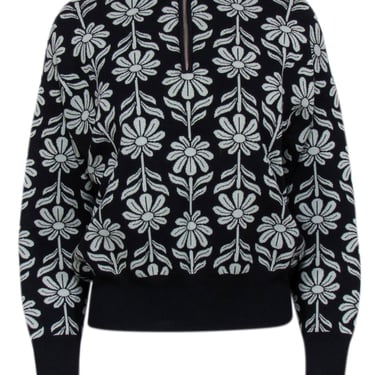 Sandro - Black & Sage Floral Intarsia Knit Sweater Sz M