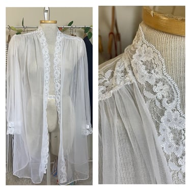 Vintage 1970s Sheer White Lace Robe - Elegant Bridal Lingerie Cover-Up 