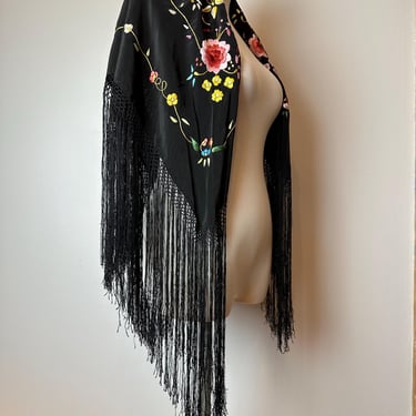 Beautiful large vintage silk shawl painted floral design long fringed Piano shawl medium brown pastel painterly flowers 