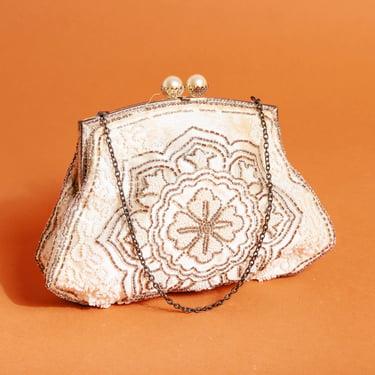 30s Cream Beaded French Art Deco Formal Purse Vintage Evening Handle Bead Clutch Purse 