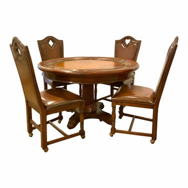 Transitional Fine Bronze, Leather and Wood Game Table and Four Chairs