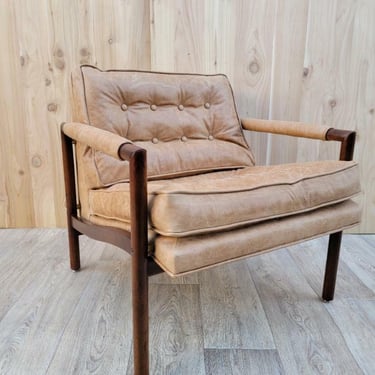 Vintage Rare Walnut Framed Harvey Probber Style Tufted Italian Leather Armchair