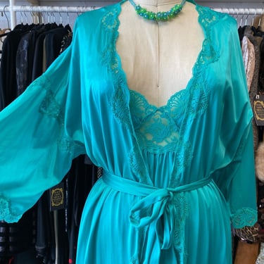 vintage 1970s teal peignoir set, miss elaine, 70s nightgown and robe, loungewear 