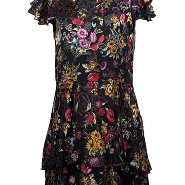 Alice & Olivia - Black w/ Multicolor Burnout Floral Print Ruffled Mini Dress Sz 4