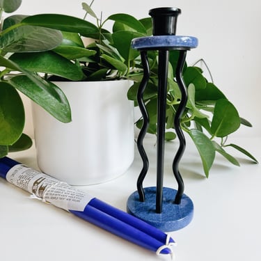 Memphis Squiggle Blue Marble Candlestick Holder