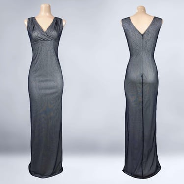 VINTAGE 90s Sheer Mesh Illusion Maxi Dress with Blue Glitter Sparkles by Reggio | 1990s Layered Stretch Mesh Formal Cocktail Dress VFG 