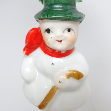 Vintage Small 1950's Snowman China Bell Christmas Tree Ornament, Retro MCM Hand Painted Bisque 