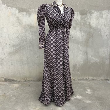 Antique Victorian Purple Calico Print Wrapper Dress Puff Shoulders Linen Vintage