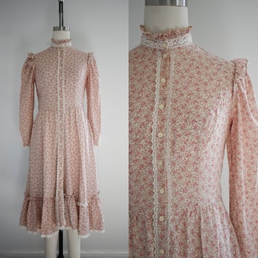 1970s Pink Floral Gunne Sax Midi Dress 