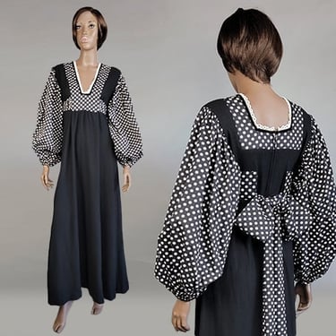 1960s Maxie Dress / Mod Dress / 1960s Polka Dot Sleeve Maxi Dress by Marianne / Black & White Dress / Polka Dot Dress /Size Extra Large 