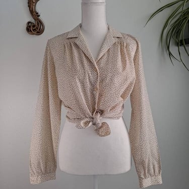 Vintage Teba off white and brown print blouse Medium 